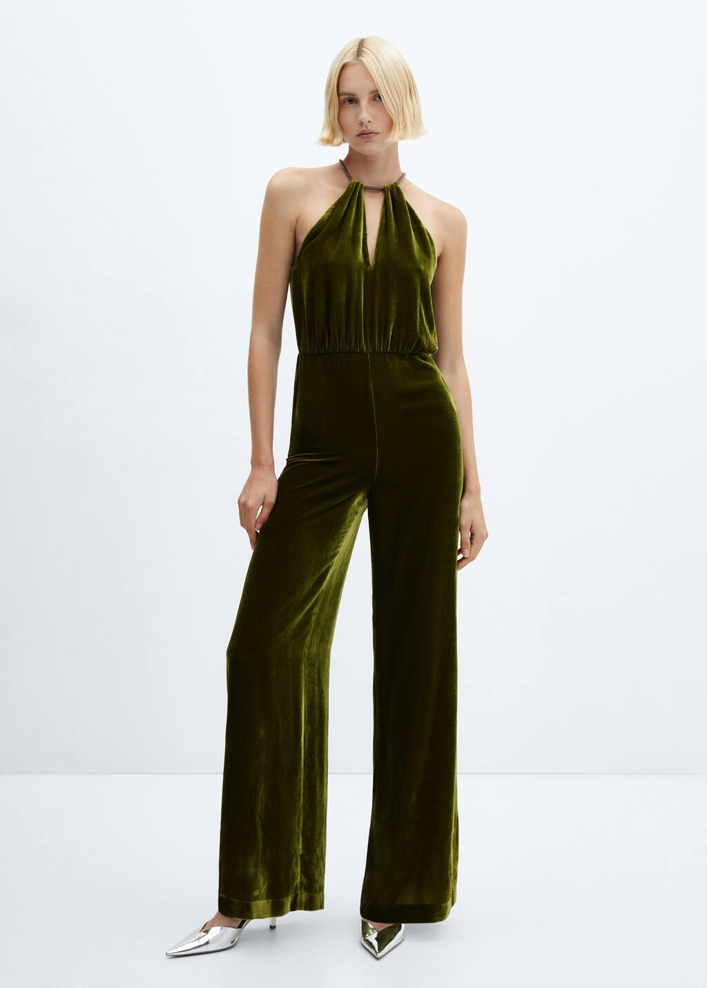 Halter-neck velvet jumpsuit -  Women | Mango USA | MANGO (US)