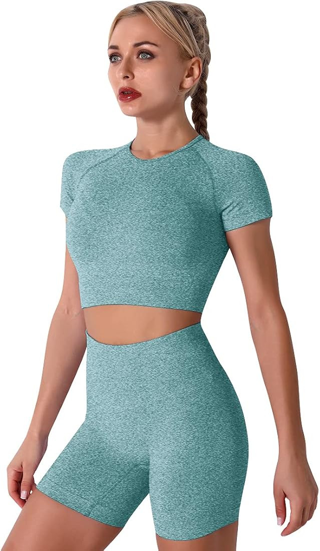 IWEMEK Women Seamless Yoga Outfits 2 Piece Workout Short Sleeve Crop Top with High Waisted Runnin... | Amazon (US)