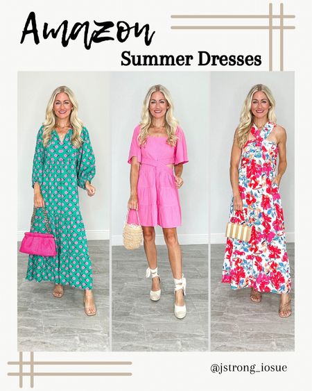 Amazon Summer dresses! Green pink floral dress is flowy and bump friendly. Easy to wear too! Pink cut out dress has elastic waist band and back, fabric is lightweight and great for a summer party. Floral halter dress is so soft, and has pockets. All dresses are petite friendly! 

#LTKStyleTip #LTKFindsUnder50