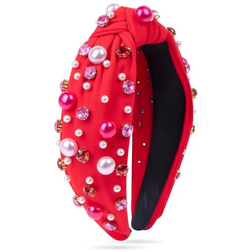 BLAAROOM Valentines Day Headband for Women Red Knotted Headbands with Pearl Rhinestone Jeweled Hairband Fashion Valentine Holiday Wide Head Band Hair Accessories Gifts for Girls Teen - Red | Amazon (US)