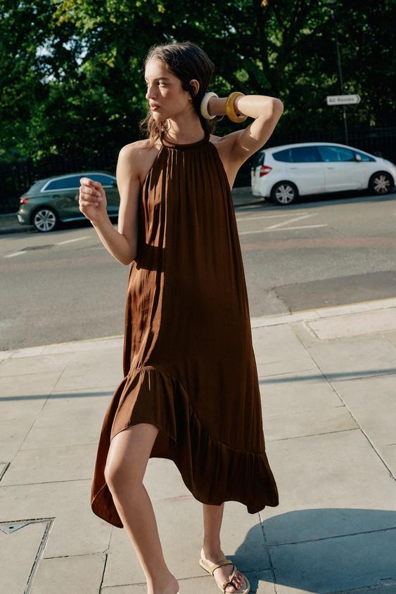 Zara - Asymmetric Satin Midi Dress - Brown - Xl - Woman | Zara US
