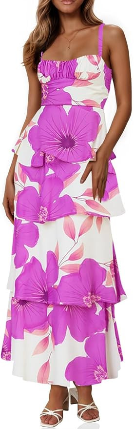 Fisoew Womens Floral Maxi Dresses Spaghetti Strap Casual Sleeveless Ruffle Flowy Tiered Dress at ... | Amazon (US)