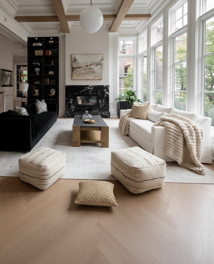 A modern living room that perfectly blends light and depth. Soft neutrals meet bold contrast for a cozy yet elevated feel. The black marble fireplace creates a striking focal point, balanced by plush white seating and layered knit textures. Natural light floods through tall windows, enhancing the warmth of oak tones and soft textiles. The mix of modern lines and organic materials brings an effortless sophistication to the space.
 Shop the look:
Black marble fireplace | White modern sofa | Black velvet sofa | Oak coffee table | Knit throw blanket | Textured throw pillows | Neutral area rug | Striped poufs | Black built-in bookcase | Large modern pendant light 

Black Friday 

 #LTKStyleTip

#LTKSaleAlert #LTKHome #LTKCyberWeek