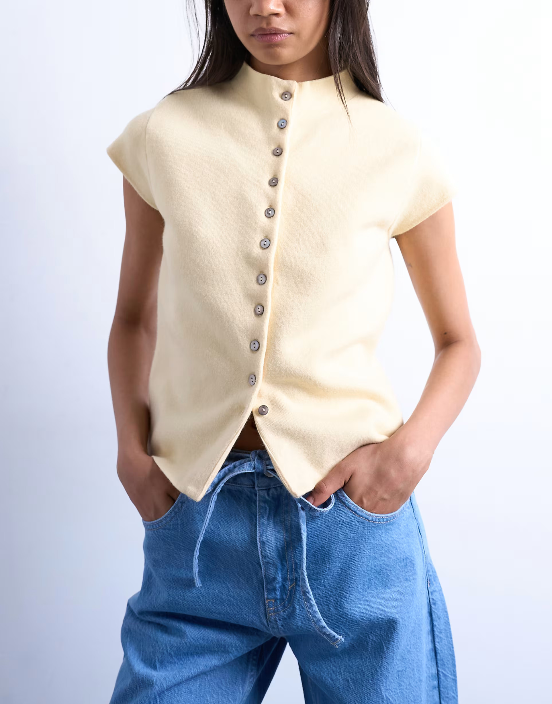 Topshop knitted compact cap sleeve waistcoat in Buttermilk | ASOS (Global)