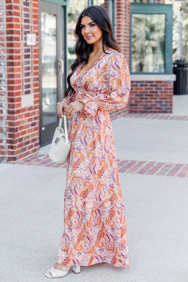 It's All A Dream Rust Multi Paisley Satin Ruffle Trim Maxi Dress | Pink Lily