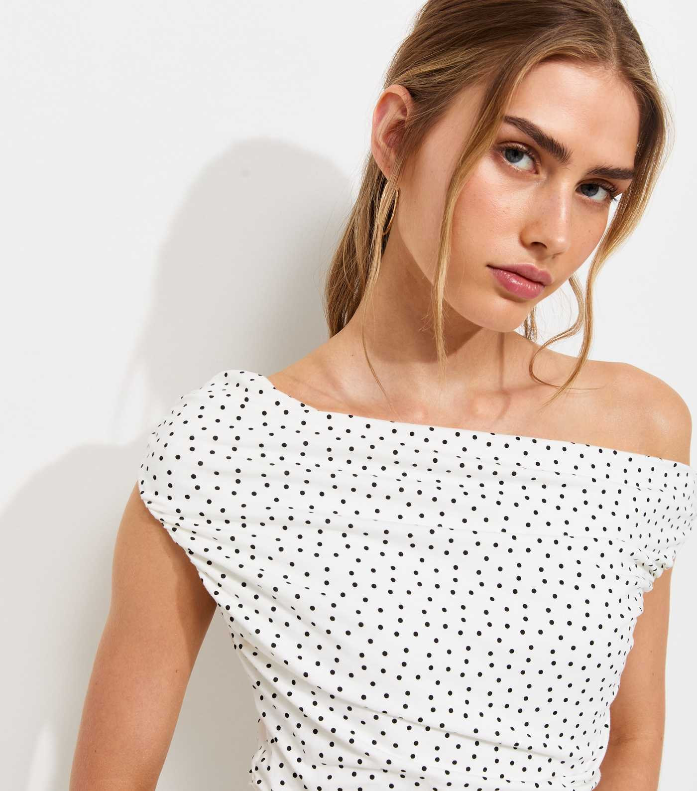 White Cotton Rich Polka Dot Off the Shoulder Mini Dress | New Look | New Look (UK)