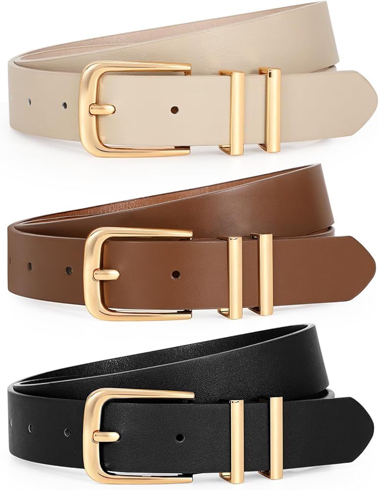 LEACOOLKEY 3 Pack Women's Leather Belts for Jeans Dresses Fashion Ladies Gold/Sliver Buckle Leath... | Amazon (US)