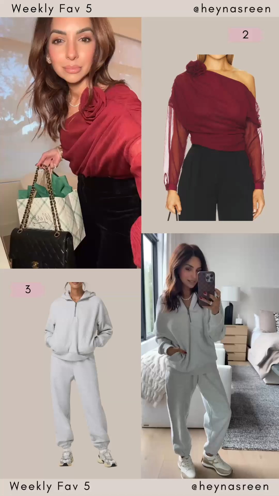 Fav 5:
#2: Revolve blouse so cute for the holidays, I’m wearing an XXS
#3: Vuori sweat set, I’m wearing an XS in the hoodie, XS short in the pants 
