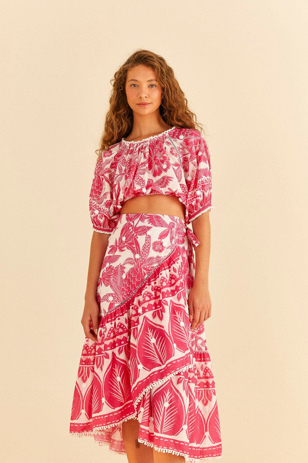 Pink Tropical Woodcut Midi Skirt | FarmRio (US)