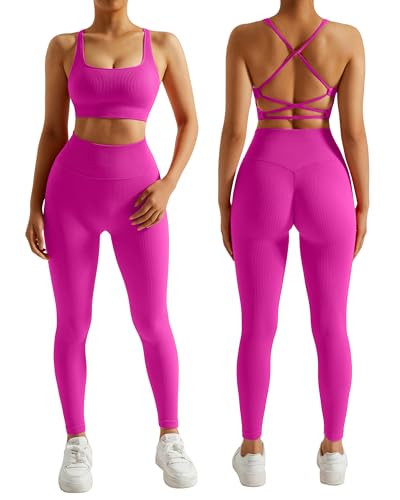 RXRXCOCO Ribbed Workout Sets for Women 2 Piece Backless Strappy Sports Bra Seamless Leggings Matching Set Yoga Outfits Pink Medium | Amazon (US)