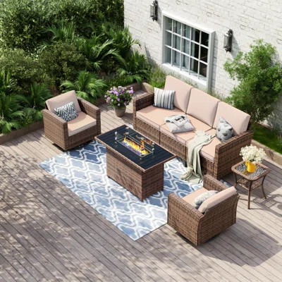 Kisner 5 - Person Outdoor Wicker Patio Conversation Set With Fire Pit And Side Table | Wayfair North America