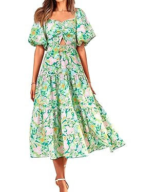 BTFBM Women Summer Dresses 2025 Casual Flowy Beach Square Neck Puff Short Sleeve Smocked Back Boh... | Amazon (US)