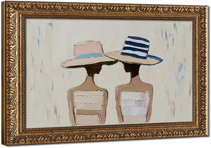 Coastal Women Canvas Art, Vintage Gold Framed Beach Painting, Textured Impasto Style Summer Poste... | Amazon (US)