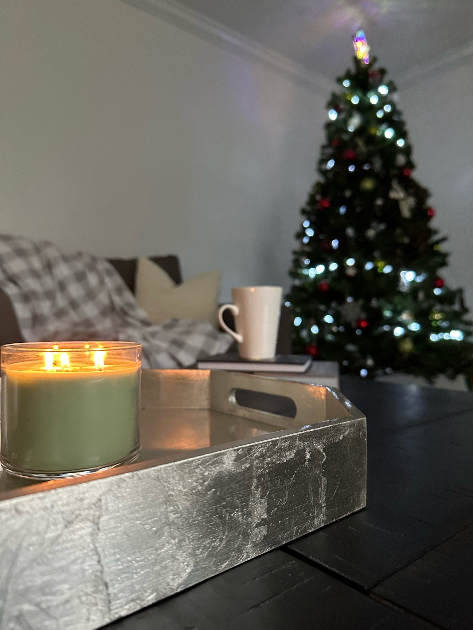 Christmas candle, tray, gray and white blanket, coffee table books

#LTKfindsunder100 #LTKhome #LTKstyletip