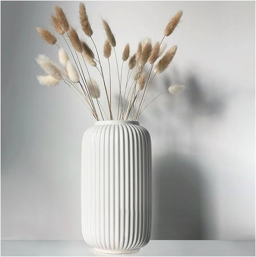 8 Inch Tall Glossy White Ceramic Ribbed Vase for Flowers and Pampas Grass, Simple Modern Decorati... | Amazon (US)
