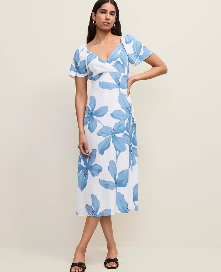Floral Shirred Flare Midi Dress | Ann Taylor