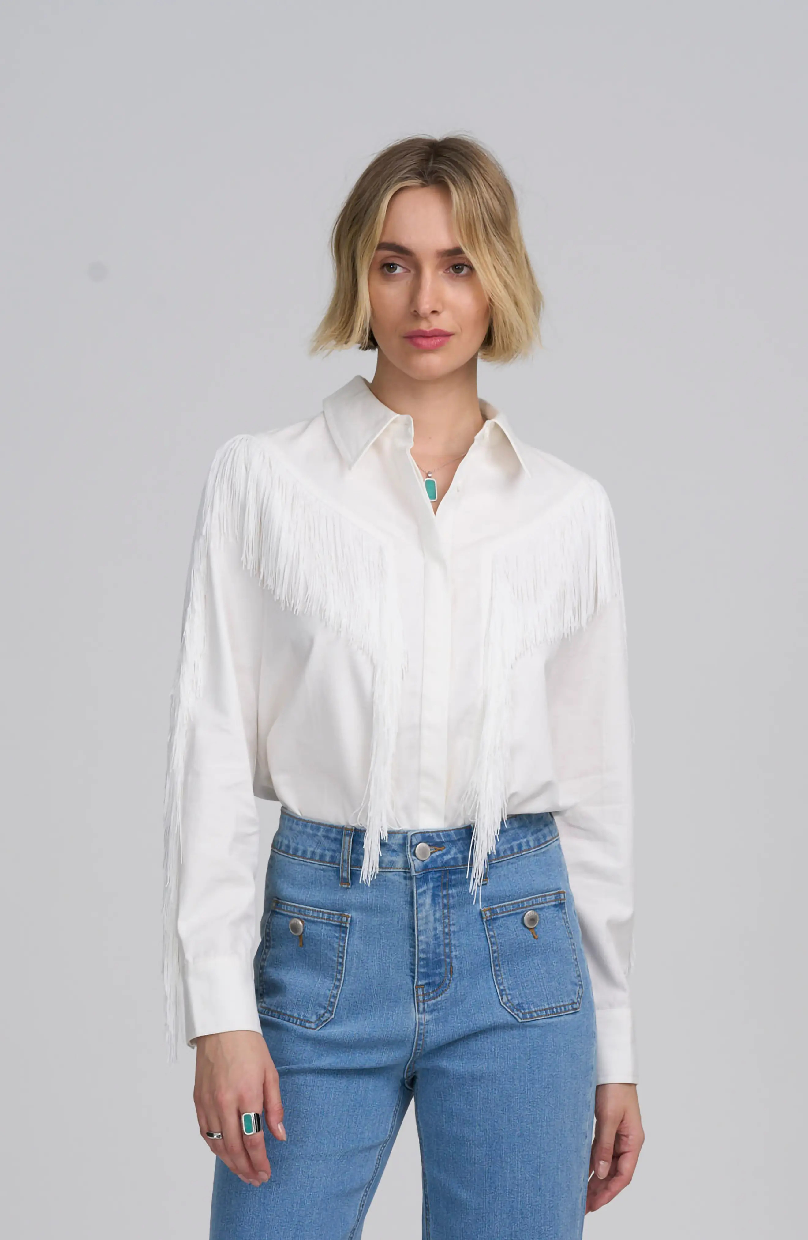 ELLE Collection Fringe Shirt in Ivory at Nordstrom, Size Large | Nordstrom