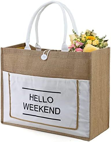 BeeGreen Extra Large 20'' x 16'' x 7.25''Beach Burlap Jute Tote Bag with Inner Zipper Pocket Whit... | Amazon (US)