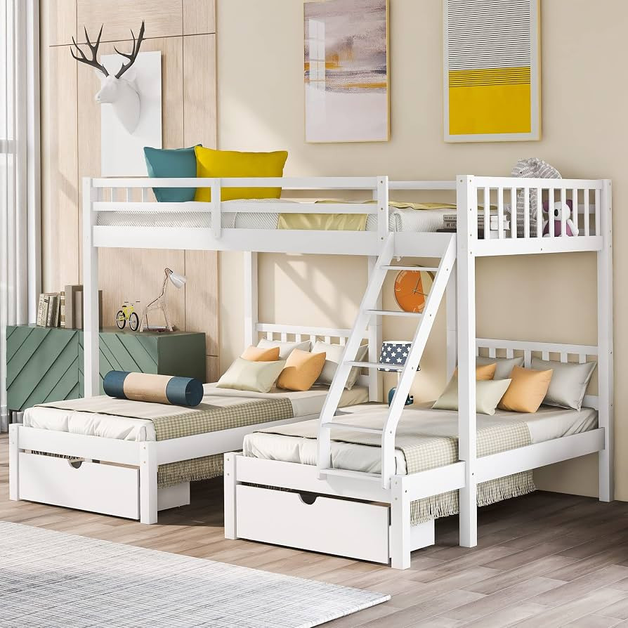 Harper & Bright Designs Triple Bunk Beds for 3 Kids, Full Over Twin & Twin Bunk Bed with Storage ... | Amazon (US)