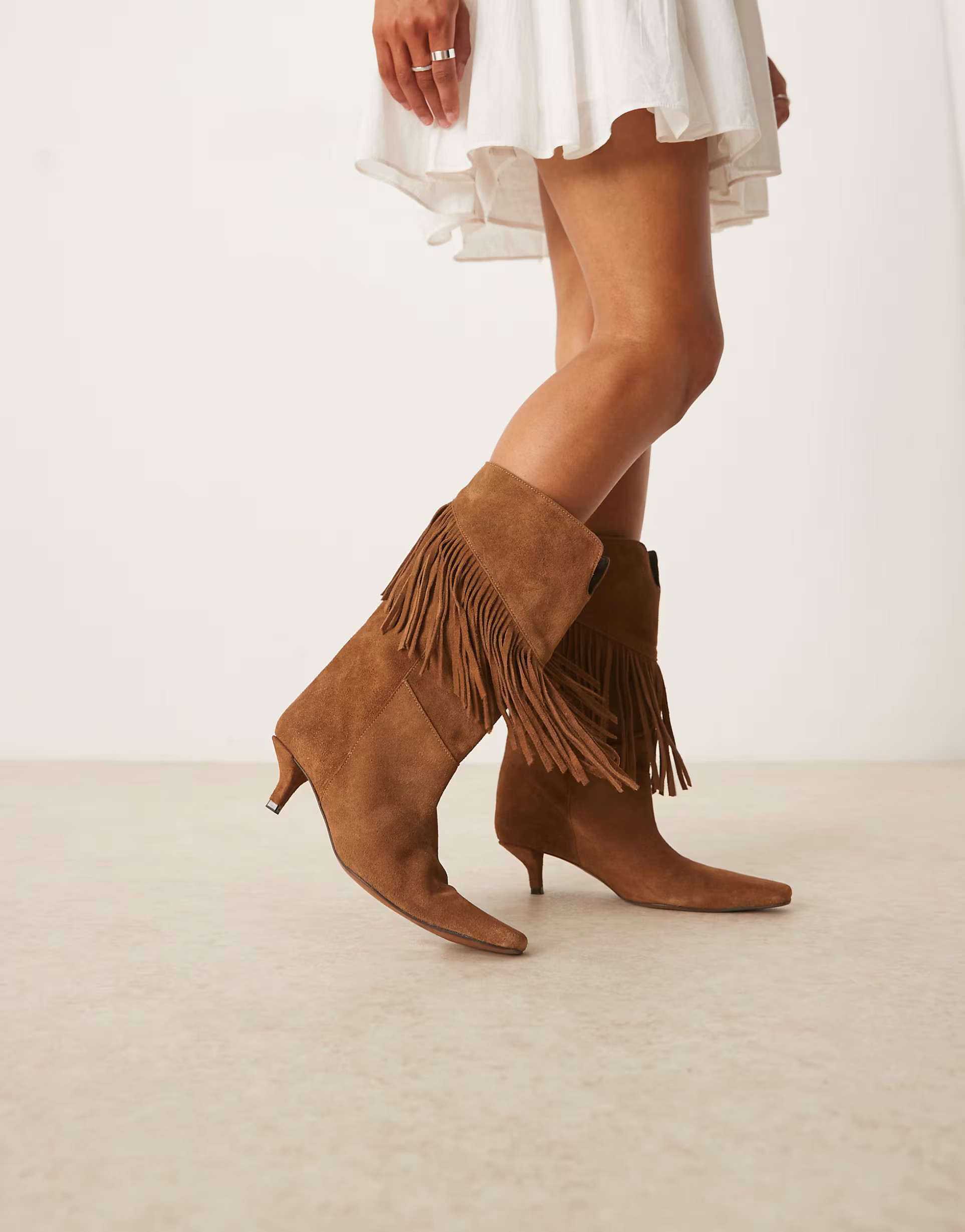 ASOS DESIGN Carmine premium suede fringe knee boots in sand | ASOS (Global)