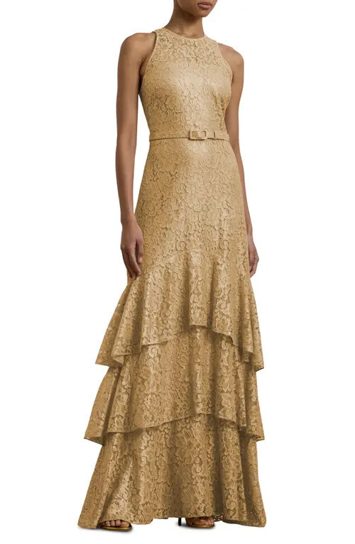 Lauren Ralph Lauren Metallic Belted Tiered Lace Gown in Sand Dune/Gold at Nordstrom, Size 2 | Nordstrom