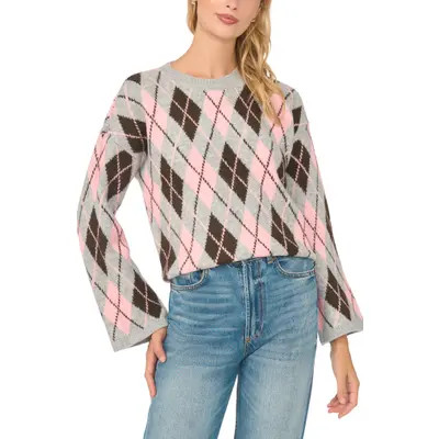 CeCe Argyle Crewneck Sweater in Light Heather Grey at Nordstrom, Size X-Large | Nordstrom