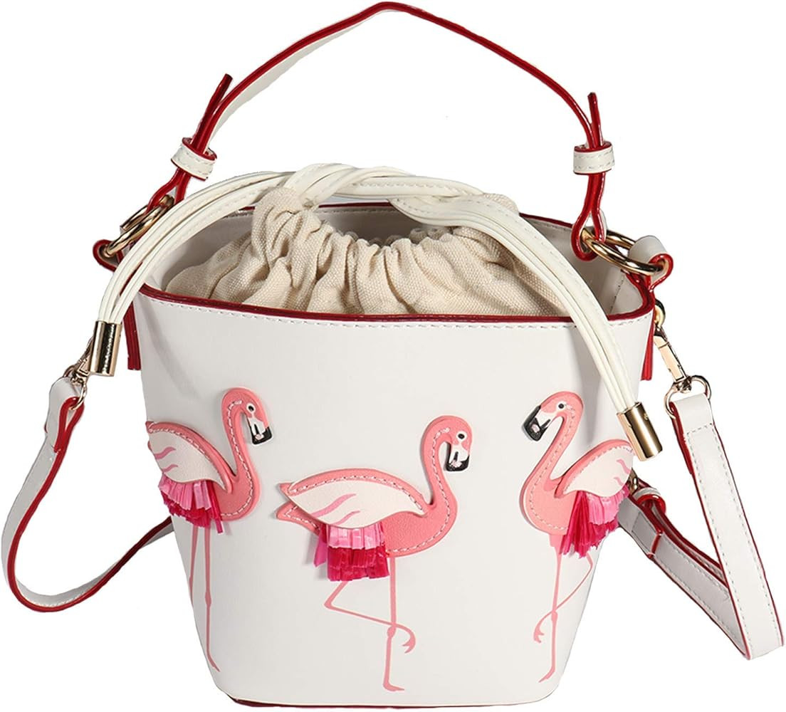 Small Flamingo Drawstring Bucket Shoulder Bag Barrel Shaped Tote Handbag for Womens Girls (Pink) | Amazon (US)