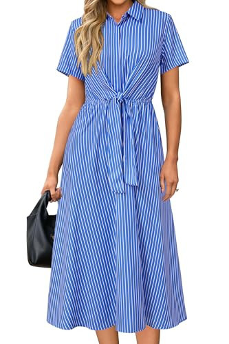 Newshows Womens Wear to Work Teacher Outfits 2025 Striped Button Down Long Midi Tie Waist Shirt Modest Dress Dressy Casual Office Business Casual Outfits(Blue White Striped,L) | Amazon (US)