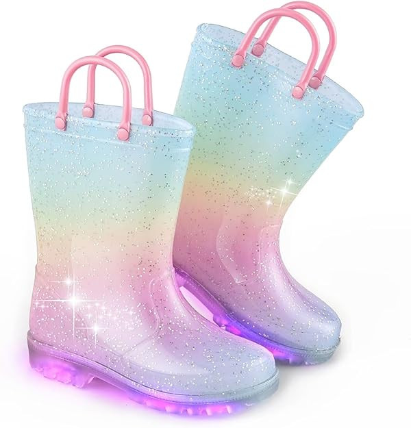 EUXTERPA Girls Glitter Light Up Waterproof Rain Boots Toddler Kids Rainbow Boots with Easy On Han... | Amazon (US)