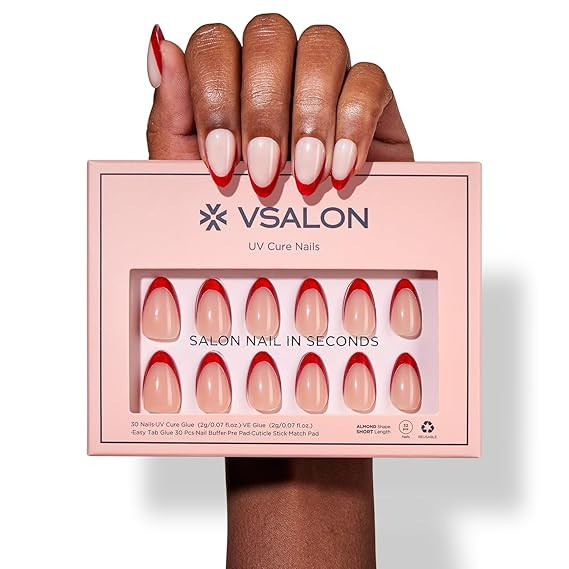 Press On Nails Short Almond Red French Tip Fake Nails with Extra UV Glue Kit, 28-Days Salon-Stron... | Amazon (US)