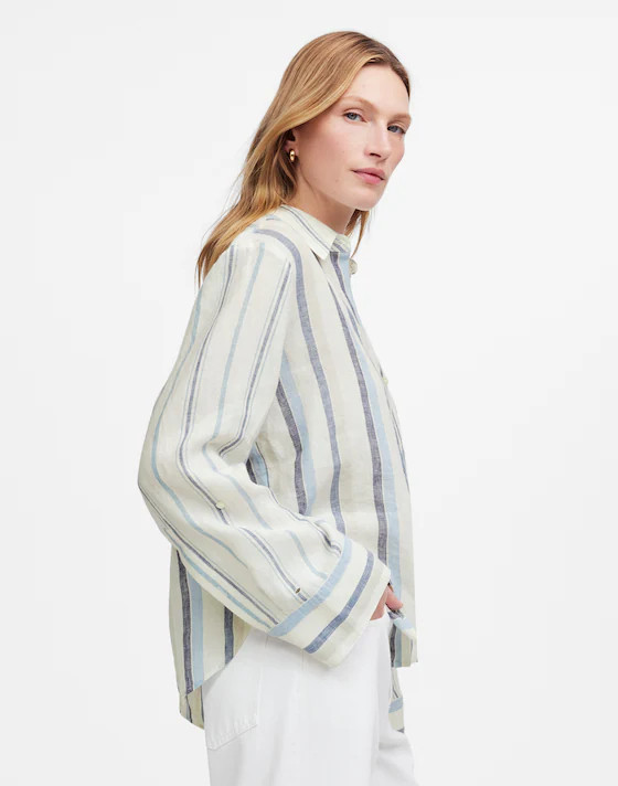 Linen Easy Y-Neck Button-Up Shirt in Mixed Stripe | Madewell