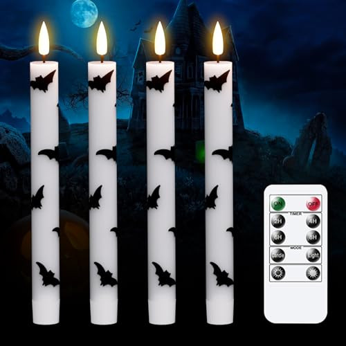 GenSwin Halloween Flameless Taper Candles, 4 Pack LED Taper Candles Battery Operated with Remote Timer, Real Wax White Flickering Flameless Candlesticks with Bat Prints for Spooky Decor(0.75” x 9.65”) | Amazon (US)