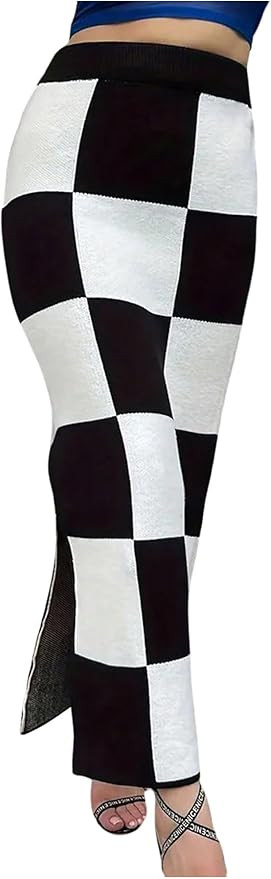 SHENHE Women's Checkered Skirt High Waist Back Slit Elastic Plaid Bodycon Maxi Pencil Skirt | Amazon (US)