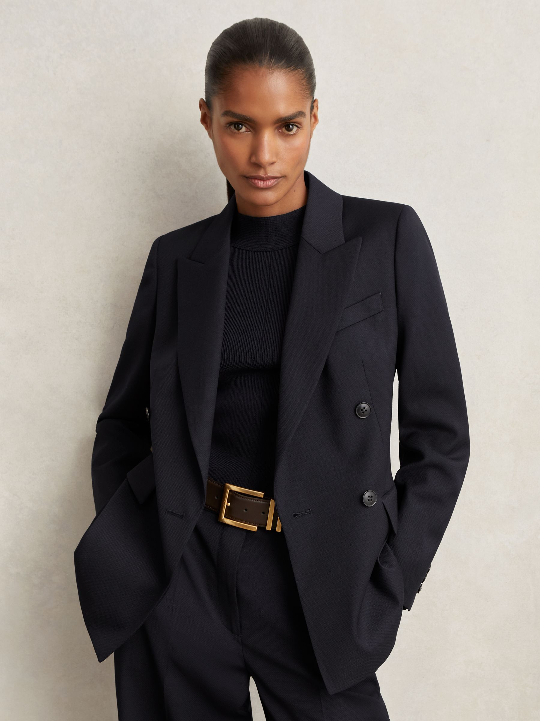 Reiss Wool Blend Double Breasted Suit Blazer in Navy - REISS | Reiss UK