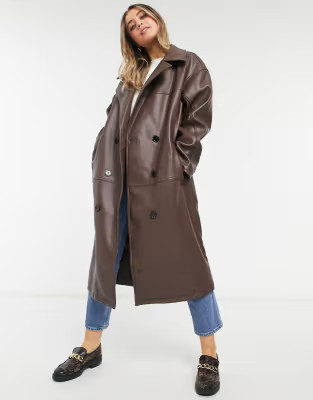 ASOS DESIGN leather look oversized coat in brown | ASOS | ASOS (Global)