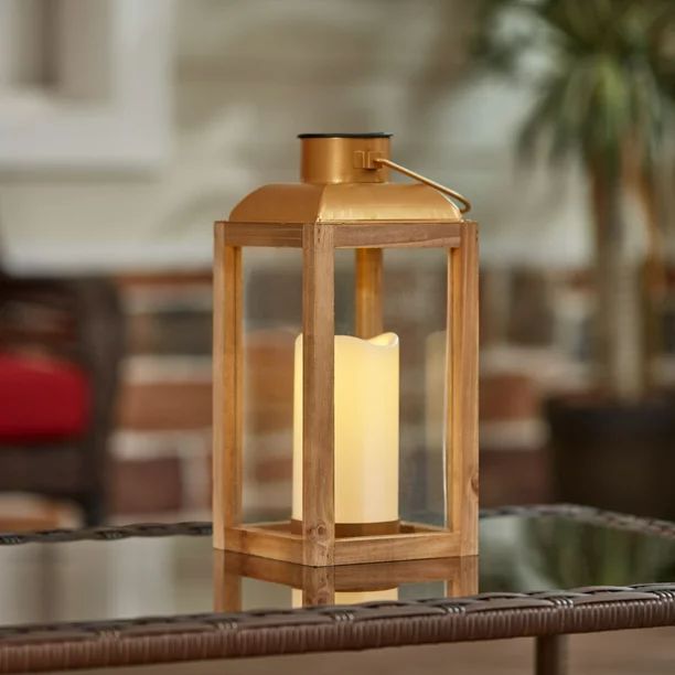 Better Homes & Gardens Gold Wood and Glass Solar Powered Lantern with LED Candle | Walmart (US)