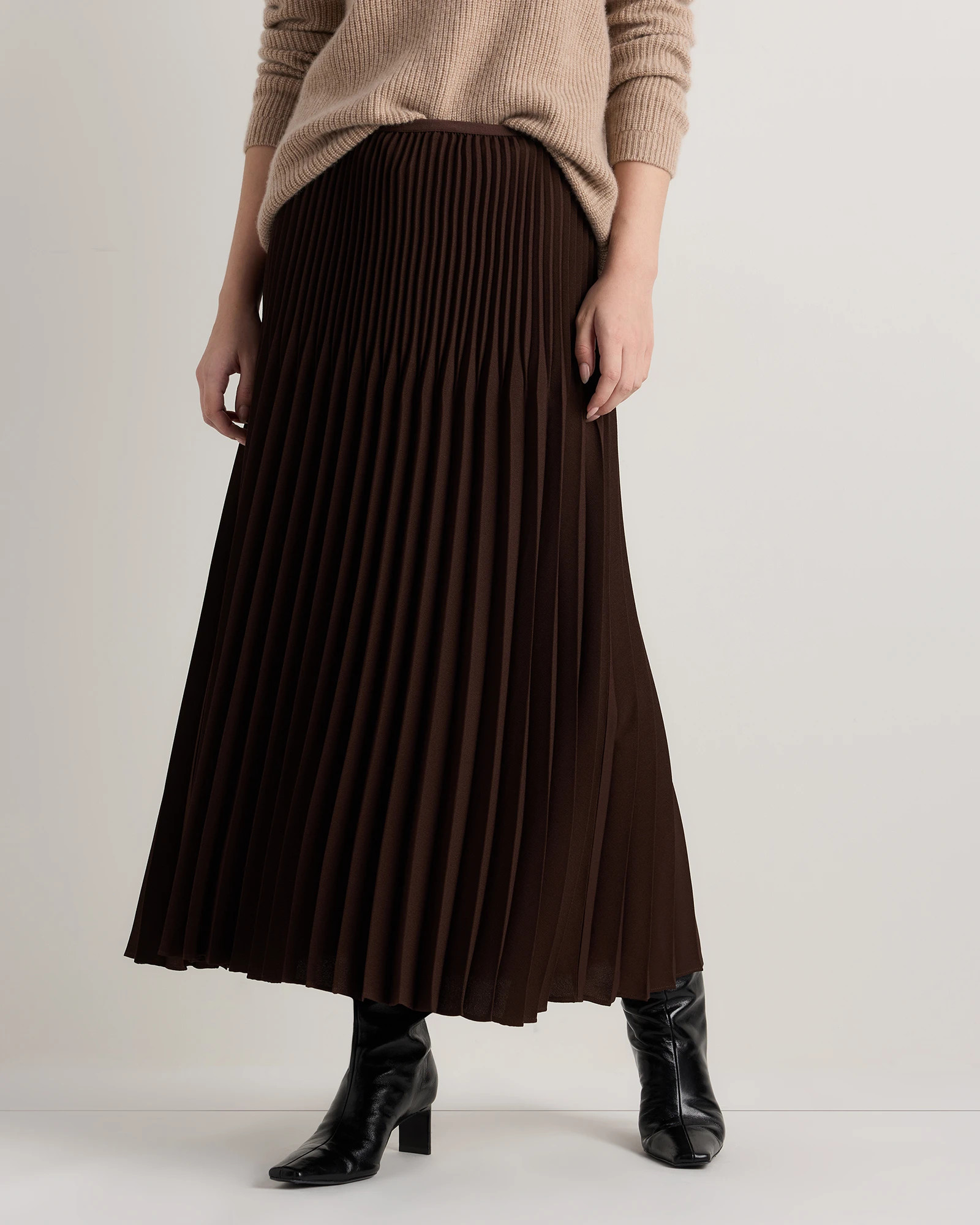 Quince | Women's Pleated Matte Midi Skirt in Coffee Bean Brown, Size Small, 100% Polyester | Quince