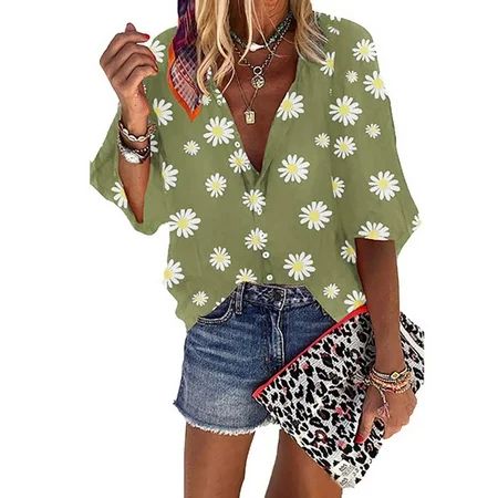 Womens Floral Print Tee Shirt Half Sleeve Casual Loose Daisy Blouse Buttons Baggy T-shirts Tops Plus | Walmart (US)