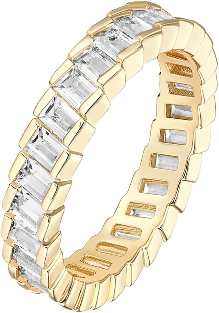 14K Gold Plated Cubic Zirconia Baguette Cut Eternity Bands for Women | Amazon (US)