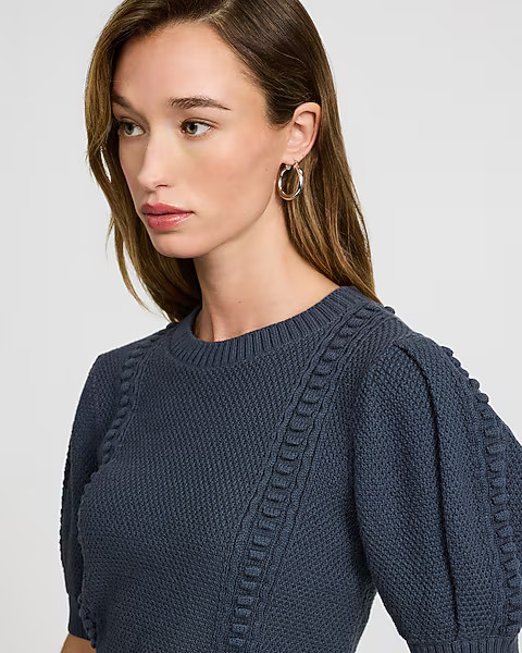 Cotton Textured Crew Neck Puff Sleeve Sweater | Express