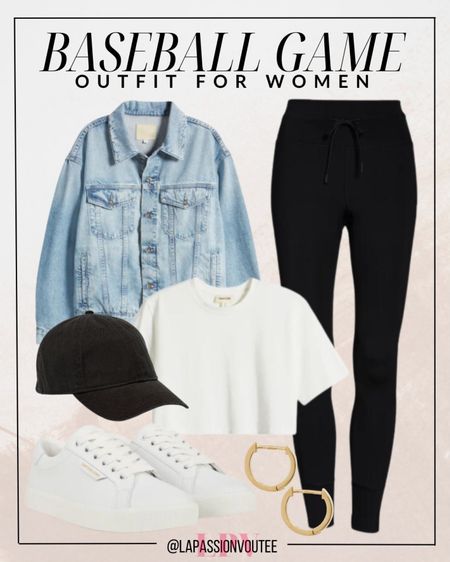 Score a home run with this chic baseball game outfit! Pair comfy leggings with a trendy denim jacket and crop tee for a stylish yet sporty look. Complete the ensemble with hoop earrings, a baseball cap, and sneakers for the perfect blend of fashion and fandom. Play ball in style!

#LTKstyletip #LTKSeasonal