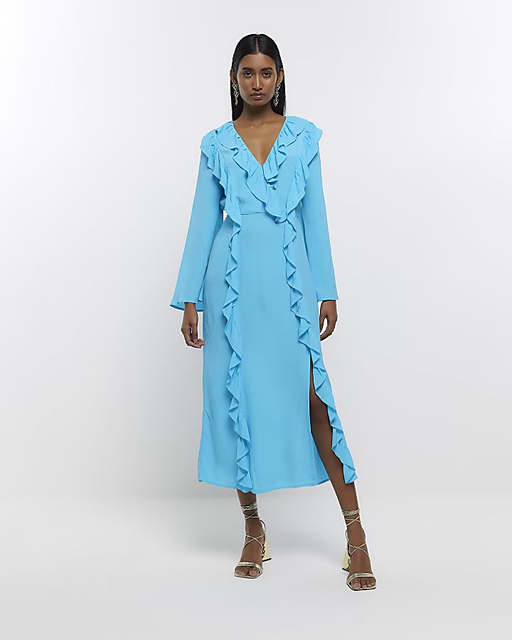 Blue frill wrap swing midi dress | River Island (UK & IE)