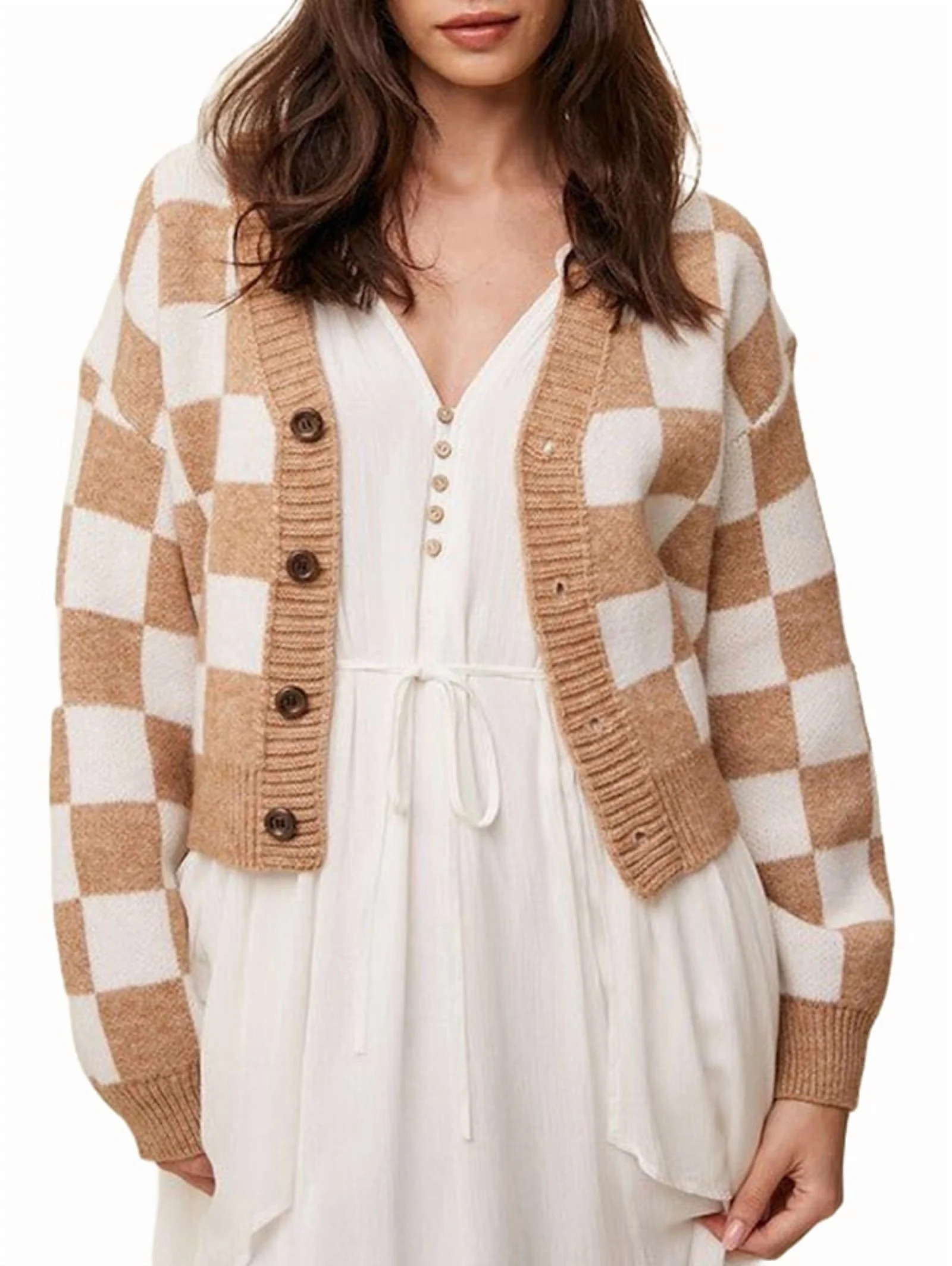 Checkered Button Down Crop Sweater Crochet Cardigan for Women Color Block Summer Beach Top Khaki ... | Walmart (US)