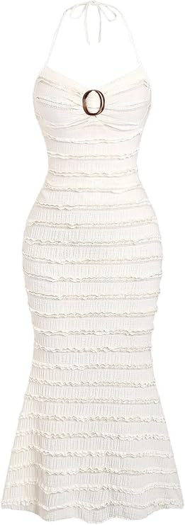 Verdusa Women's Backless Halter Neck Frilled Textured Fishtail Bodycon Long Dress | Amazon (US)