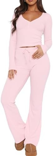 Ezbelle Women's Lounge Sets 2 Piece Outfits Long Sleeve Crop Button Down V Neck Shirt Knit Pajama... | Amazon (US)