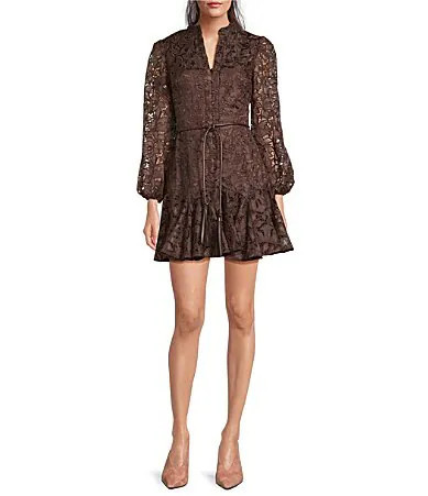 Muse by Marchesa Forrest Embroidered Organza Long Sleeve Belted Dress - 0 | Dillard's