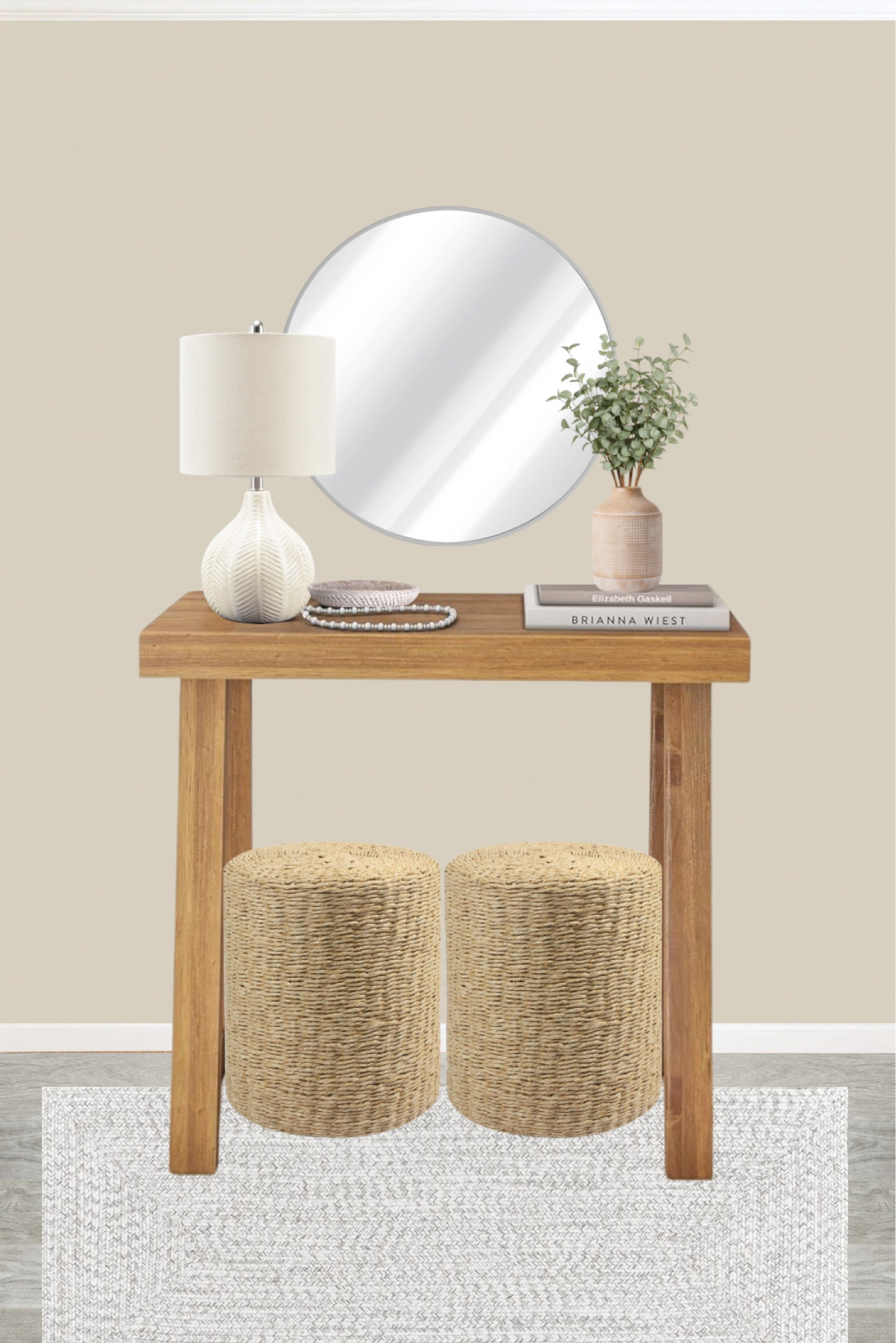 Minimalist entryway ideas with a beautiful wood entryway table and ottoman poufs.

#LTKhome