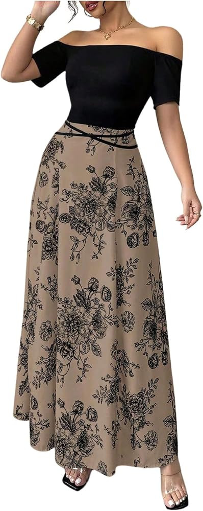 GORGLITTER Women's Floral Print Maxi Dresses for Church Off The Shoulder Tie Waist A Line Flowy M... | Amazon (US)