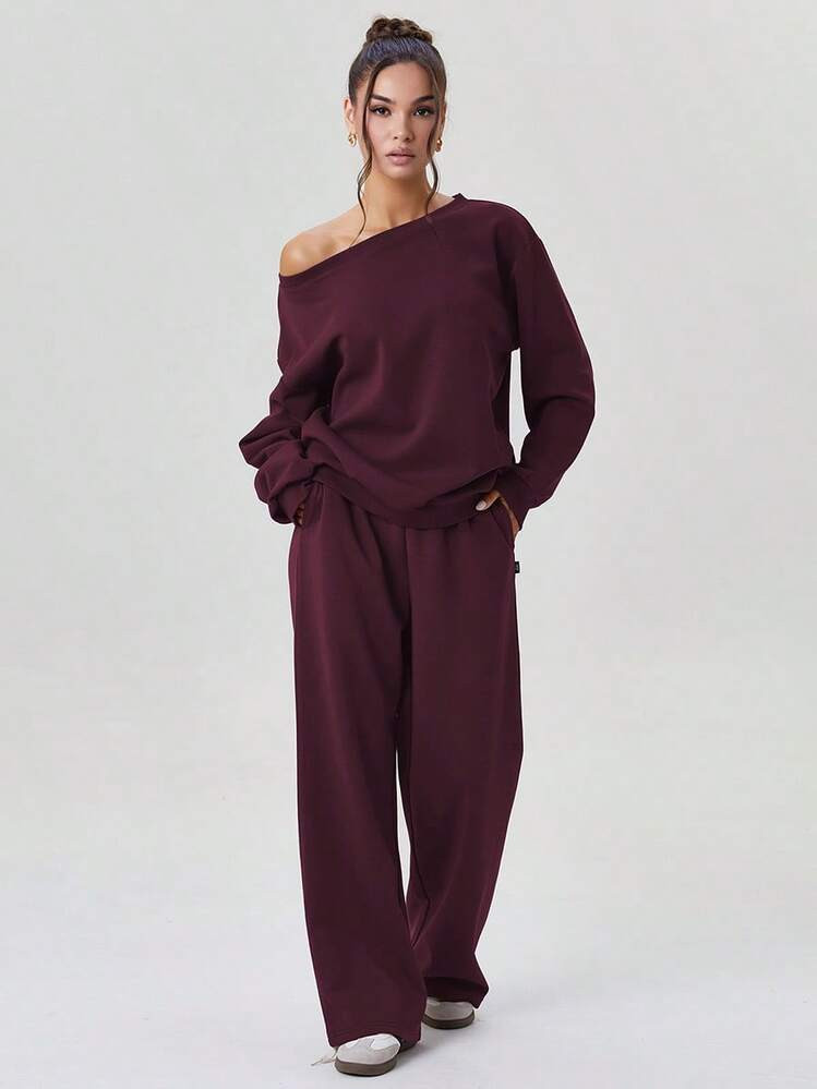 Women's Basic Solid Color Sloping Shoulder Long Sleeve Top & Wide Leg Trousers Co-Ord | SHEIN