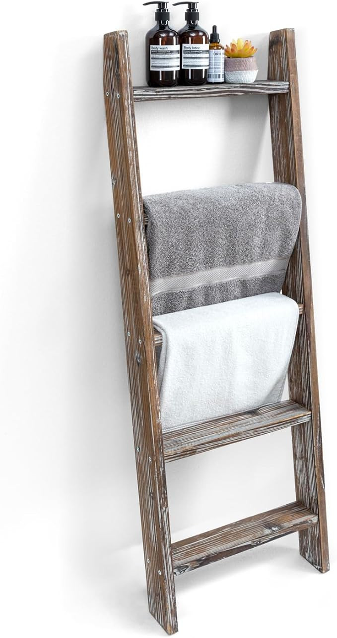 MyGift Torched Brown Wood Decorative Ladder Shelf, 4.5 Foot Wall Leaning Wooden Towel Blanket Lad... | Amazon (US)